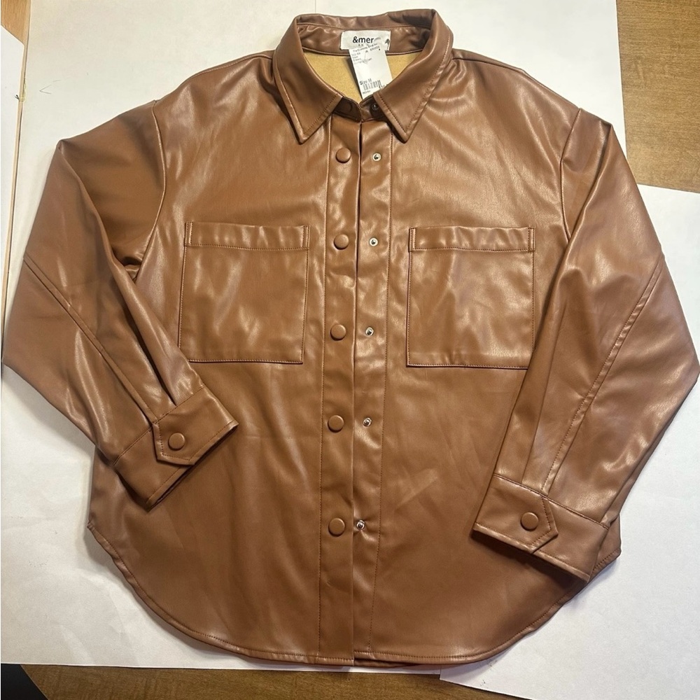Brown Faux Leather Button-Up Shirt Women’s Nice Blazer Jacket-EN MERCI.size M